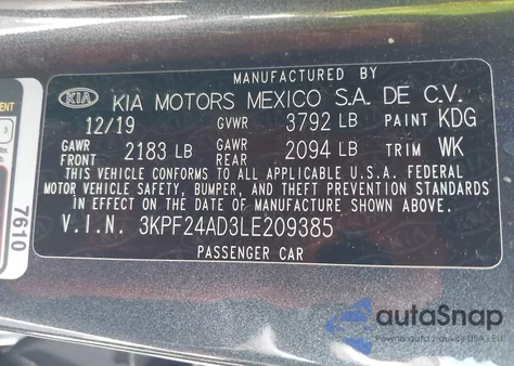 2020 Kia Forte Lxs z USA, uszkodzony, nr VIN 3KPF24AD3LE209385